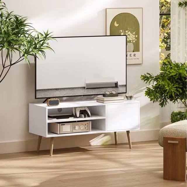 HOMCOM Mid-Century TV Stand Cabinet with Cable Management in White
