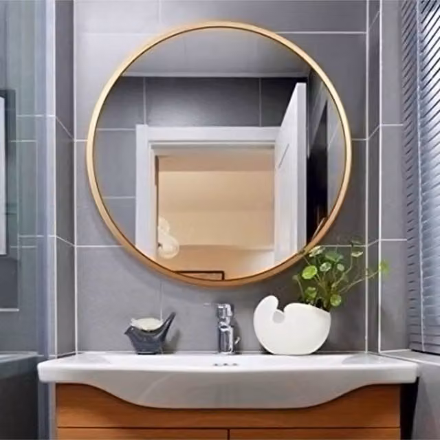 Livingandhome Modern Round Gold Metal Wall Mirror, Diameter: 50 cm
