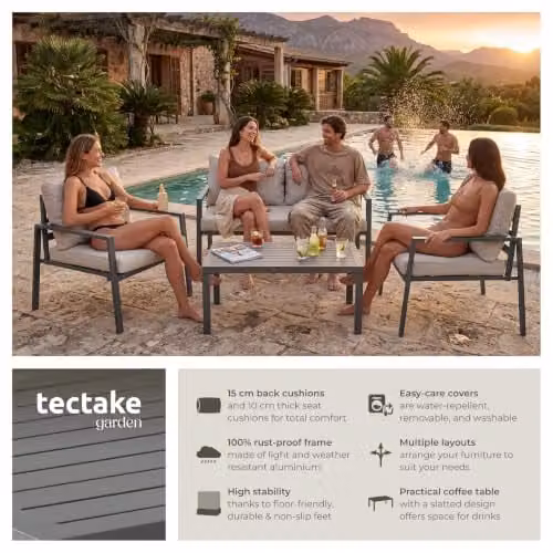 tectake Modern Garden Furniture Set in Grey with 2-Seater Sofa, Coffee Table and Upholstered Cushions with Powder Coated Aluminium Frame – 2