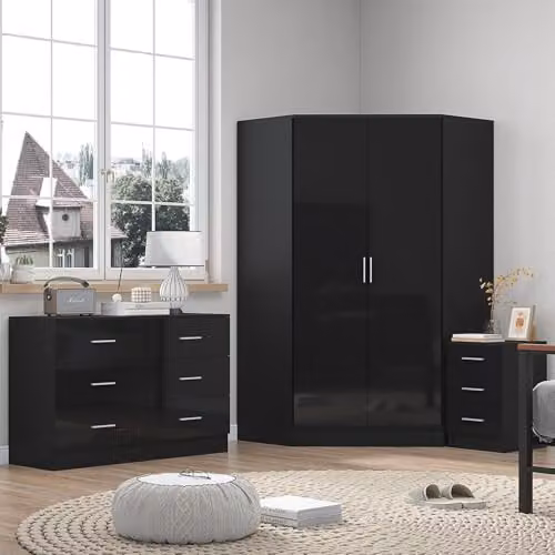 Reflect Modern Bedroom Furniture Bundle: 2 Door Corner Wardrobe, 6 Drawer Chest and 3 Drawer Bedside Table in Gloss and Matt Black