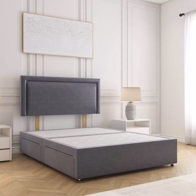 BSSPOKE Ella Super King Plush Velvet Divan Bed with 24 inch Headboard and 4 Drawers in Charcoal Grey