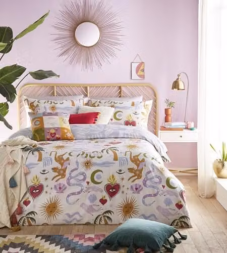 Furn Alchemy Reversible Polycotton Duvet Cover Set with Abstract Symbol and Floral Print, Multicolour, 90 x 200 cm