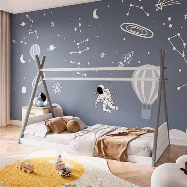 Livingandhome Lacquered Solid Pine Wood Kids House Bed Frame in Grey and White