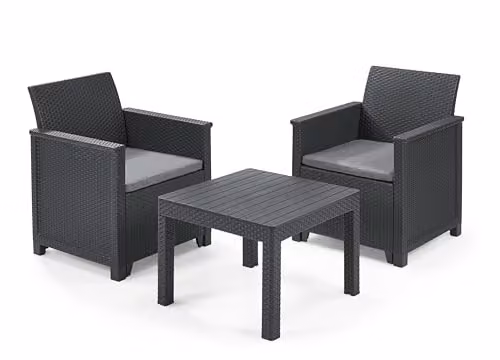 Keter Emma Balcony Set in Grey with 2 Wicker-Style Resin Chairs and Matching Square Table