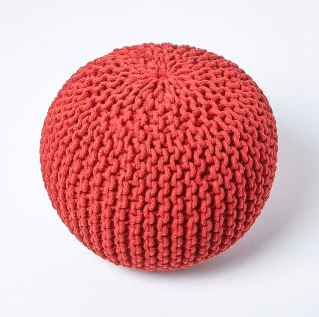 Homescapes Red Round Cotton Knitted Pouffe, Diameter: 40 cm