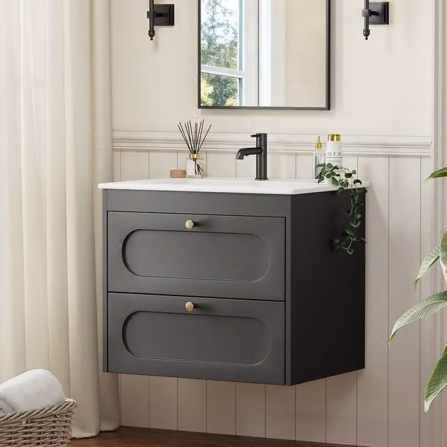 KEEPREAPER Mid-Century Wall Mounted Black Glossy Under Sink Bathroom Cabinet with Ceramic Wash Basin and Gold Details