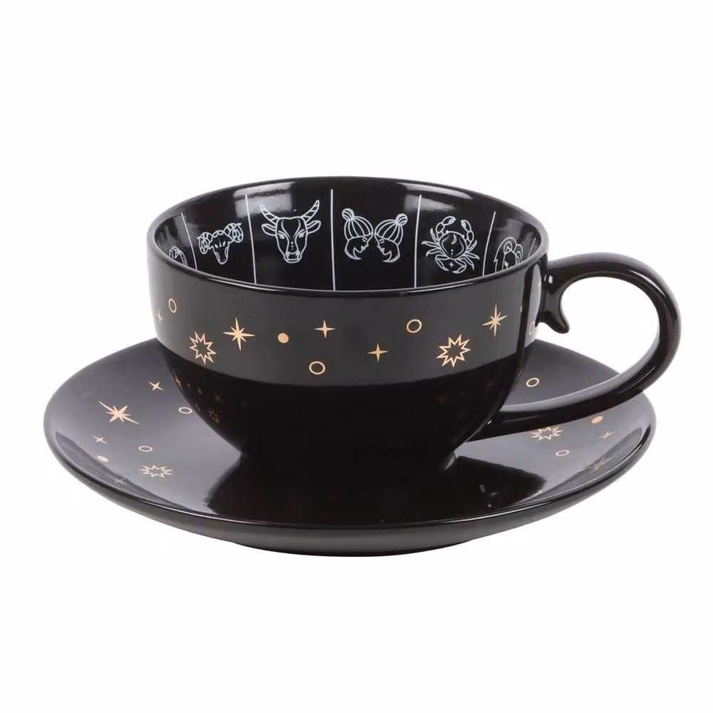 Uniqueful Astrology Fortune Telling Ceramic Teacup with Saucer in Black, White and Gold, 550ml – 3