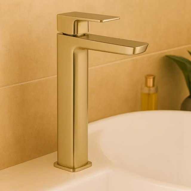 Bathroom Kingdom Brushed Brass Freestanding Single Lever Basin Mixer Tap in Gold