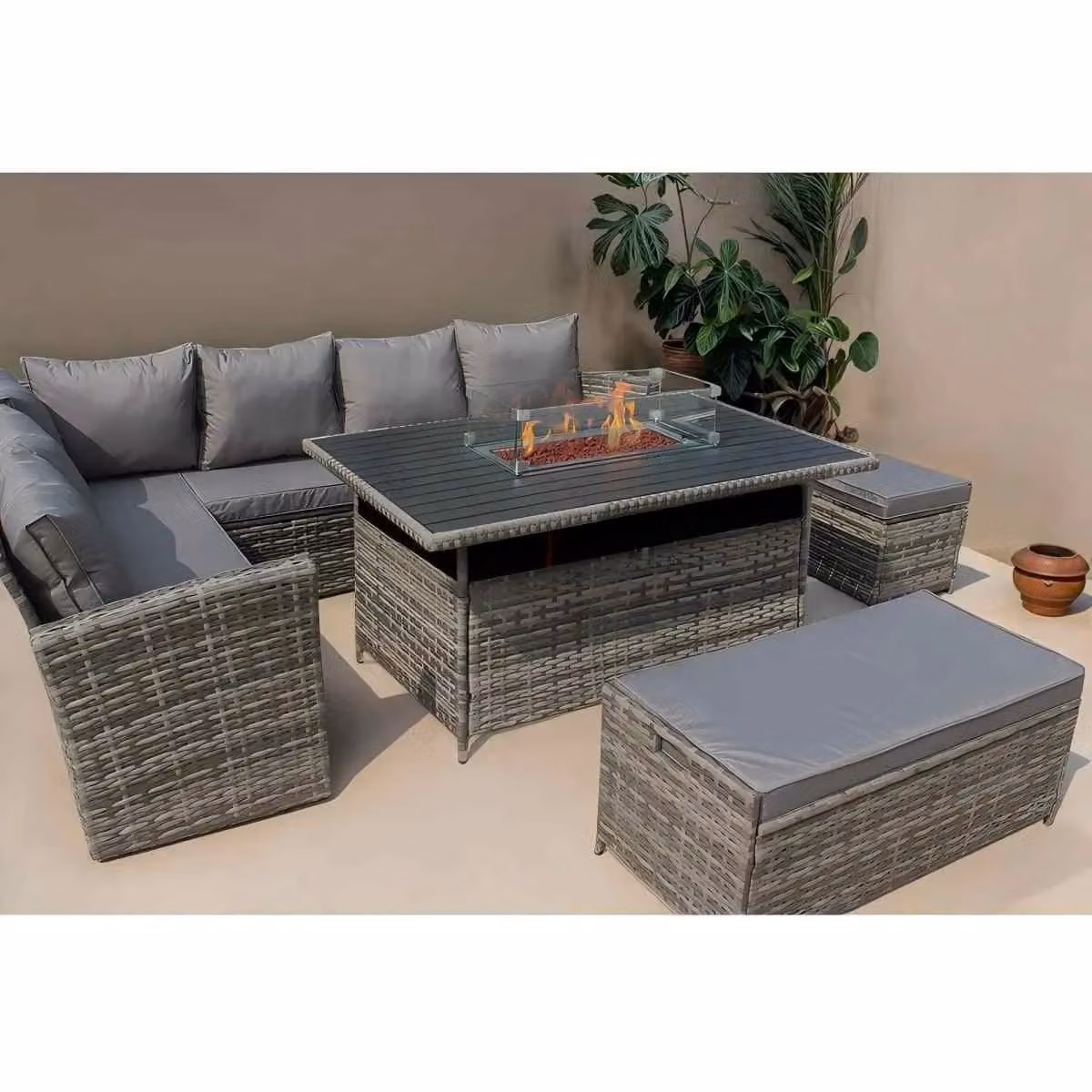 Furniture Maxi Rosen 9 Seater Rattan Garden Furniture Set with Grey Corner Sofa, Aluminium Fire Pit Dining Table and Storage Box – 2
