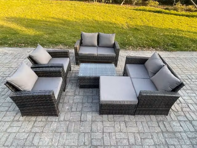 Fimous 6 Piece Dark Grey Rattan Garden Furniture Set with L-Shape Sofa, Armchair, Coffee Table and Ottoman