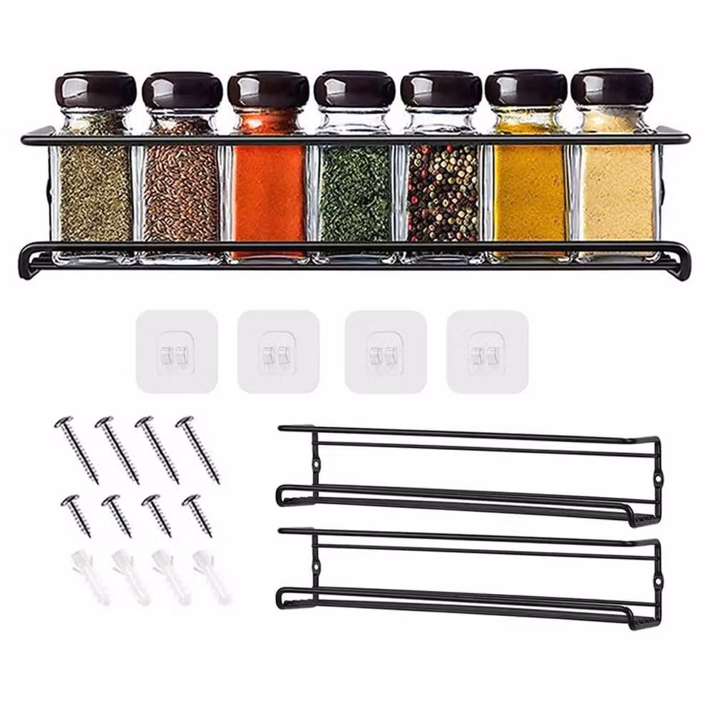 KORVIXA 4-Piece Black Metal Wall-Mounted Spice and Herb Jar Rack Holder – 2