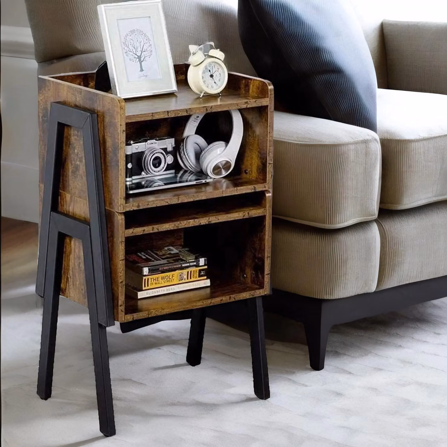 Rafaelo Mobilia Set of 2 Rustic Stackable Bedside Tables in Brown and Black – 4