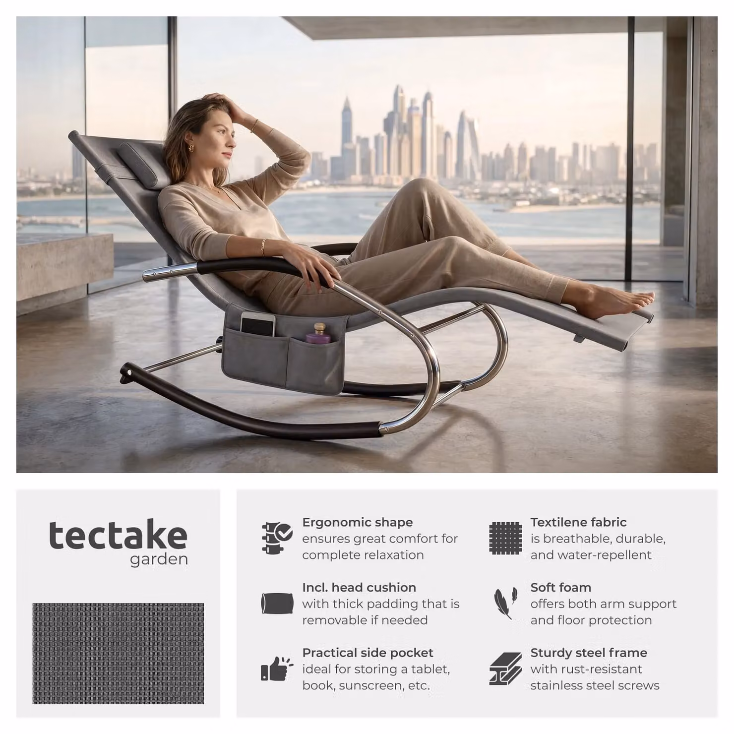 tectake Taya Sun Lounger in Grey with Textilene Fabric and Powder Coated Steel Frame – 2