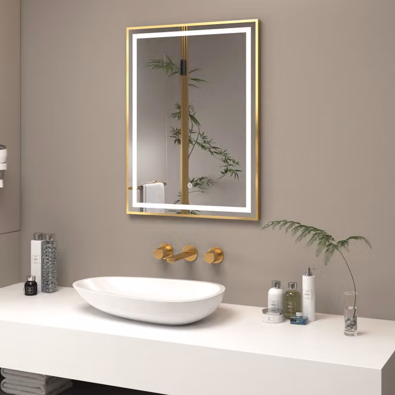 Royal Bathrooms Oslo Rectangular LED Illuminated Framed Mirror in Gold with Demister Pad and Touch Sensor, W: 60 cm, H: 80 cm