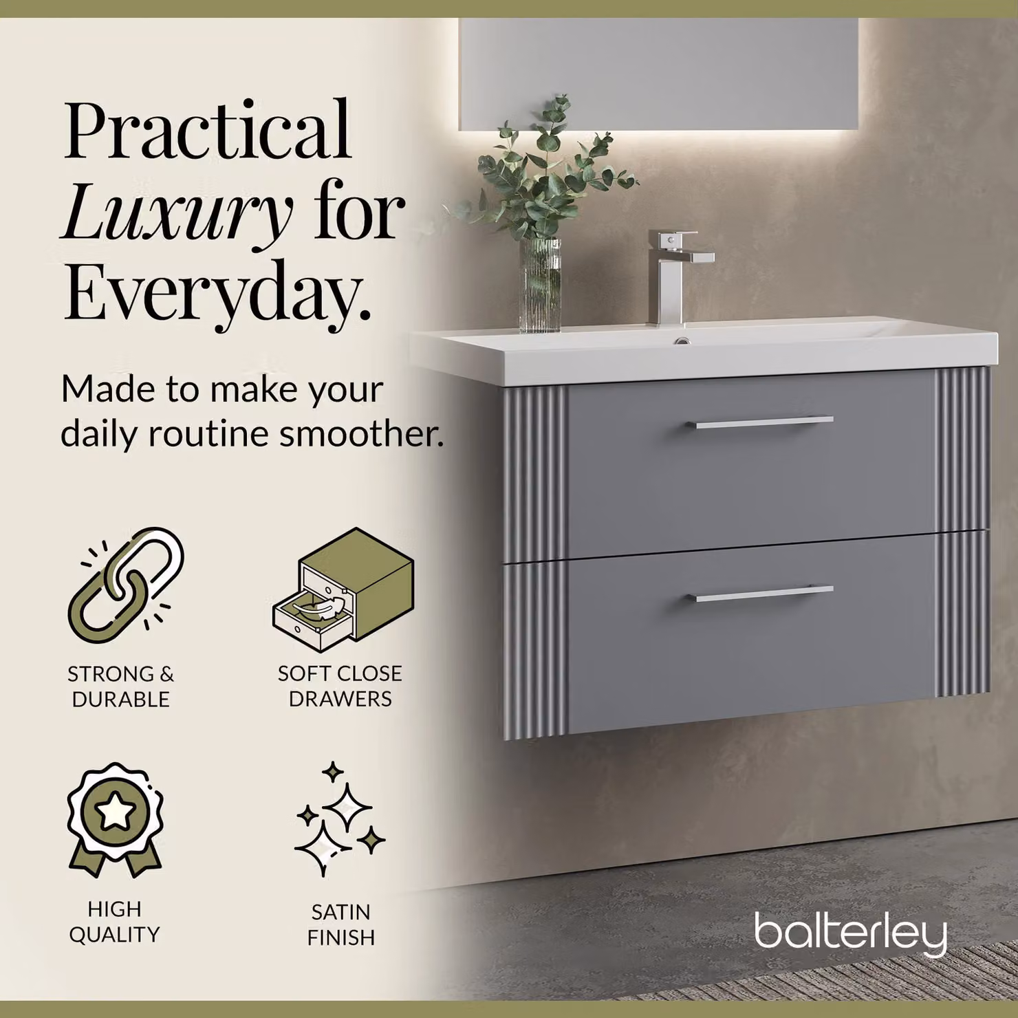 Balterley Wall Hung 2 Drawer Vanity Unit with Minimalist Basin, Satin Grey, Width: 80 cm – 2