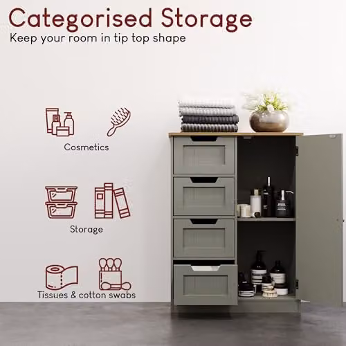Bath Vida Freestanding Wooden Storage Cabinet with 4 Drawers and 1 Door in Grey and Oak, W/D/H: 60 x 30 x 81 cm – 4