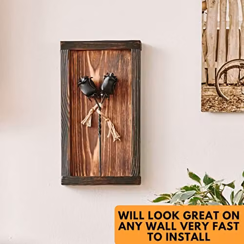 Novecrafto Black Forged Iron Roses in a Brown Burnt Wood Frame, Rectangular Wall Decor – 6