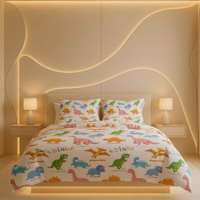 Snug City Dino Themed Kids Bedding Set with Duvet Cover and Pillowcase, White, Single, 90x200 cm