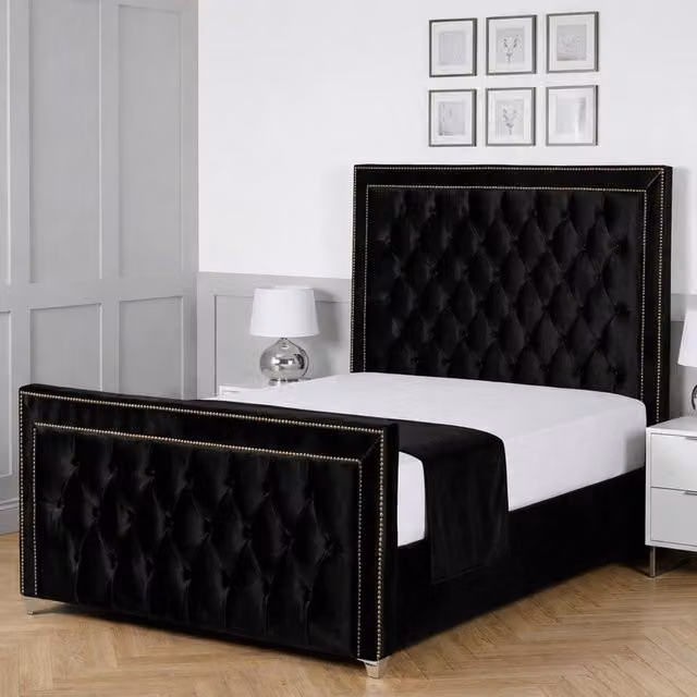 Living Comfort Bedz Metro Plush Velvet Upholstered Bed with Slatted Base and 48 Inch Headboard, Black, W/D/H: 140 x 200 cm