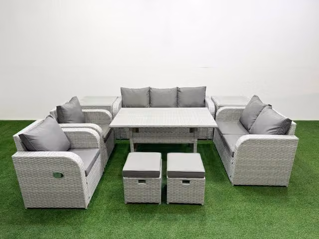 Fimous Grey PE Rattan Garden Furniture Set with Reclining Chairs, Double Love Seat, Rectangular Dining Table, 2 Stools and 2 Side Tables