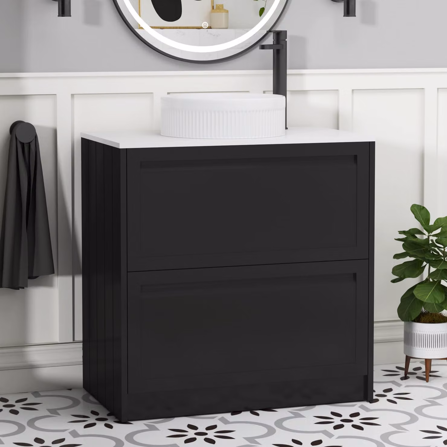 Royal Bathrooms Elmore 800mm Floor Standing Vanity Unit in Matt Nocturne Black with 2 Drawers and Plain White Worktop with Round Basin