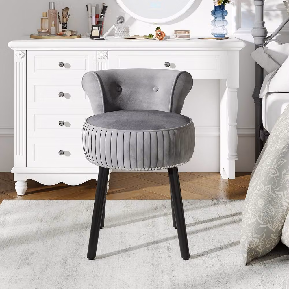 Costway Velvet Tufted Back Upholstered Vanity Makeup Stool in Grey – 5