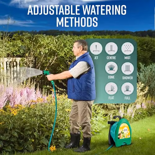 GloBrite Mini Wall-Mounted Hose Reel in Green with 10m Garden Hose Pipe, Spray Gun and Adjustable Nozzle – 4
