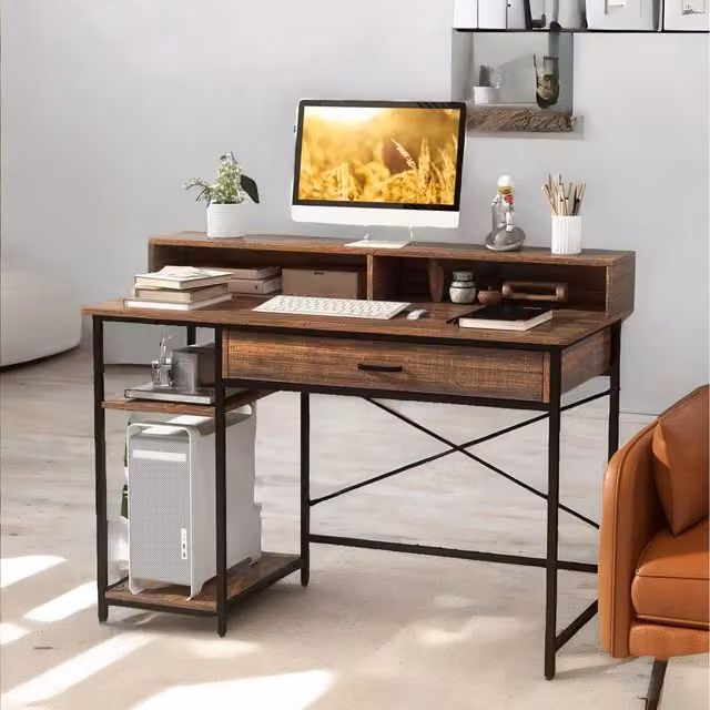 Furnold Industrial Computer Desk with Monitor Stand, Shelves and Drawer in Rustic Brown, Width: 120 cm