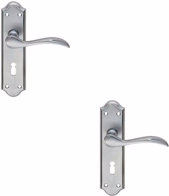 Loops 2x Pair Curved Door Handle Lever on Lock Backplate in Satin Chrome, W: 18 cm, H: 4.5 cm