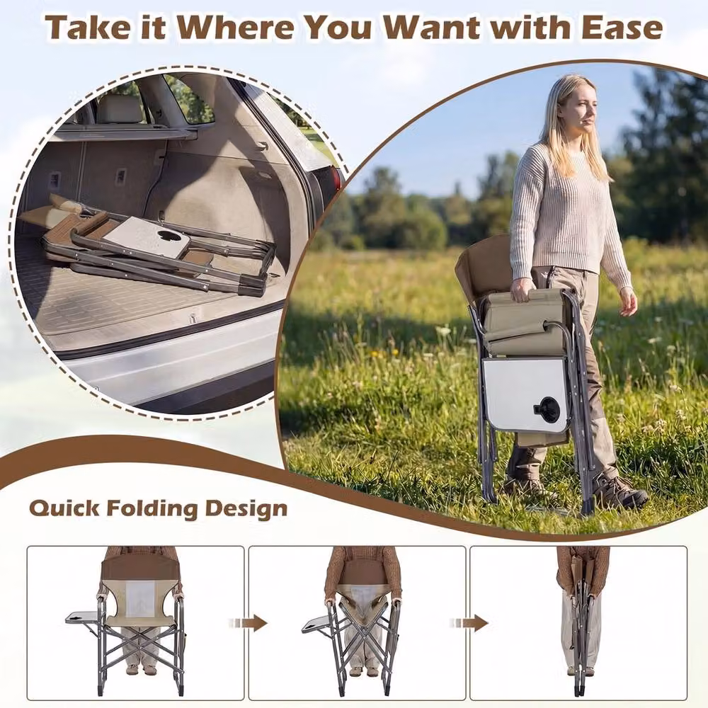 NESTLUNE Brown Heavy Duty Outdoor Beach Chair with Metal Frame, Armrests, Side Tray and Cup Holders – 5