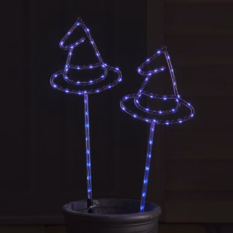 Lights4fun 2 Witches Hat LED Outdoor Halloween Stake Lights in Purple and Black