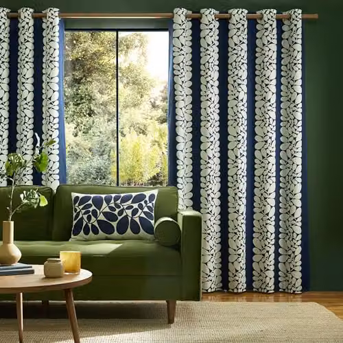 Orla Kiely Sycamore Stripe Floral Eyelet Lined Curtains in Space Blue, W: 117 cm, H: 183 cm