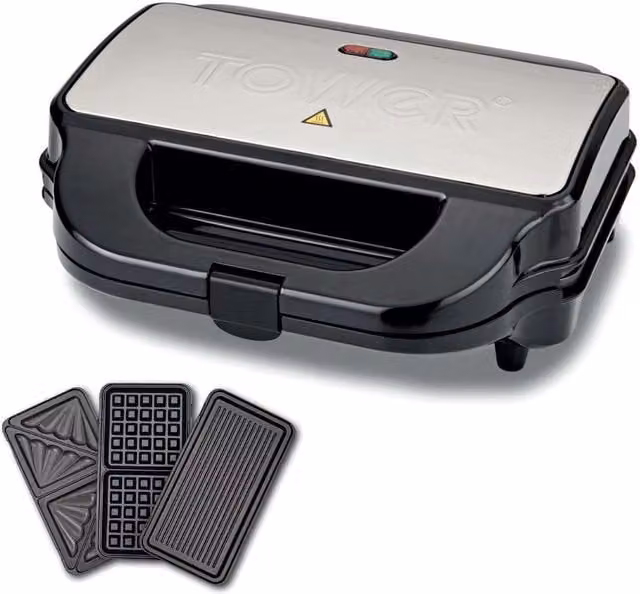 Tower 3-in-1 Deep Fill Sandwich Maker in Silver and Black with Removable Ceramic Plates and Auto Shut-off