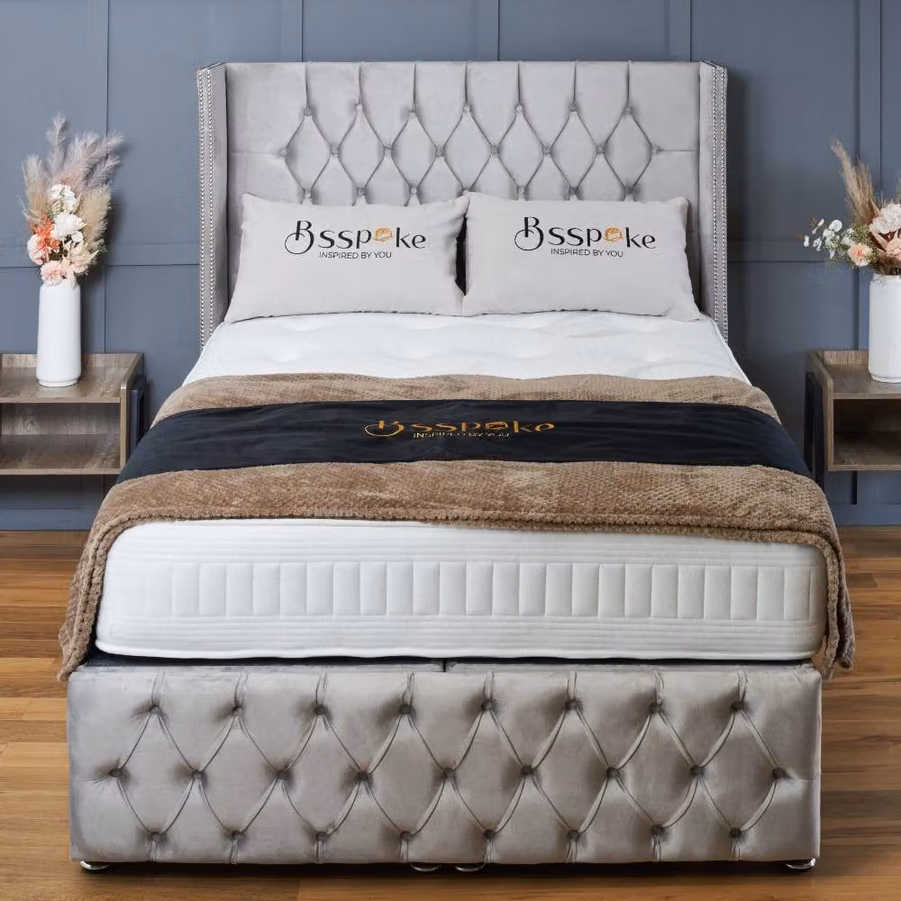 BSSPOKE Mayfair Small Double Ottoman Divan Bed with 54 inch Headboard and Mattress in Black Plush Velvet, W/D/H: 120 x 200 cm – 1