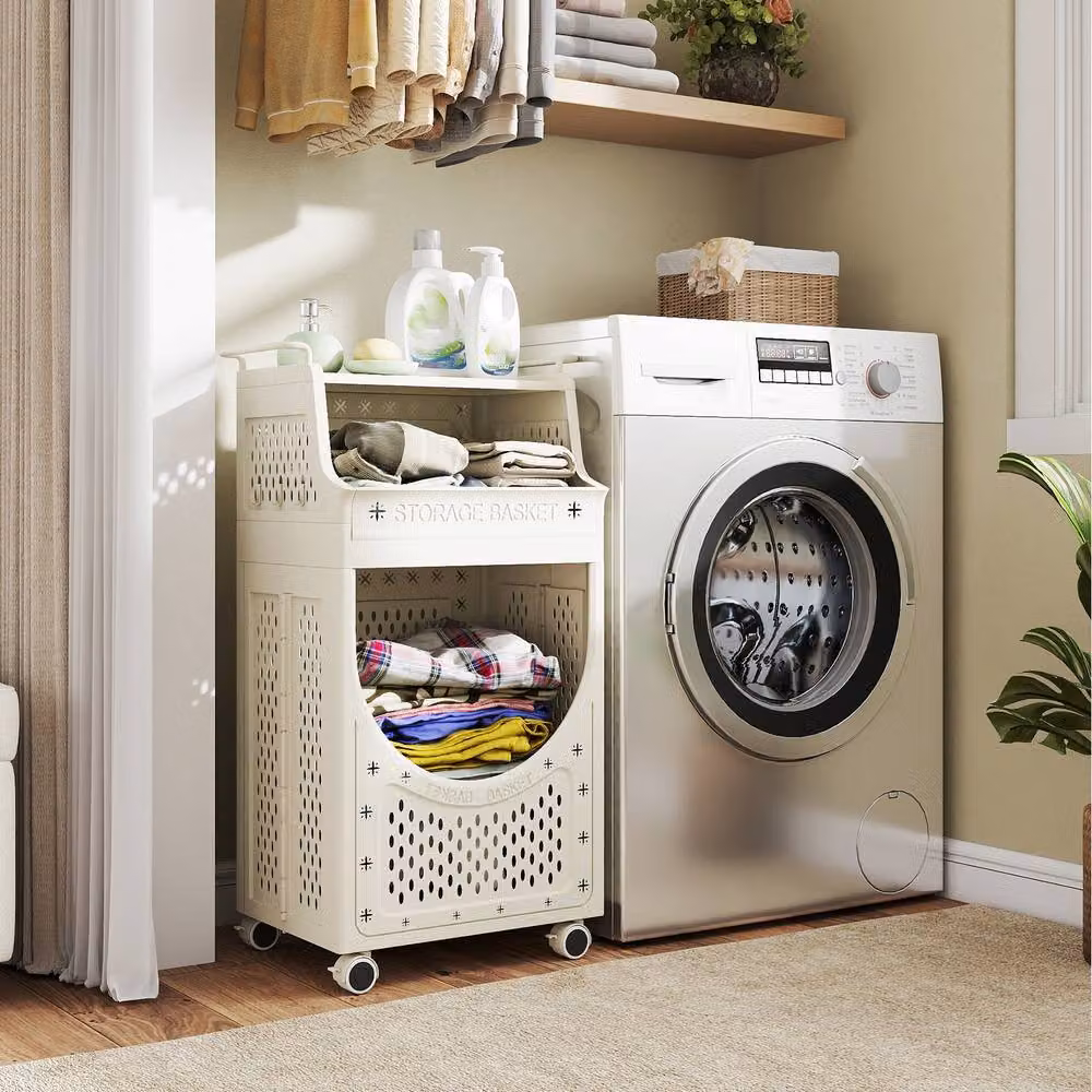 Gymax 3-Tier Folding Laundry Hamper Rolling Utility Cart in Beige – 2
