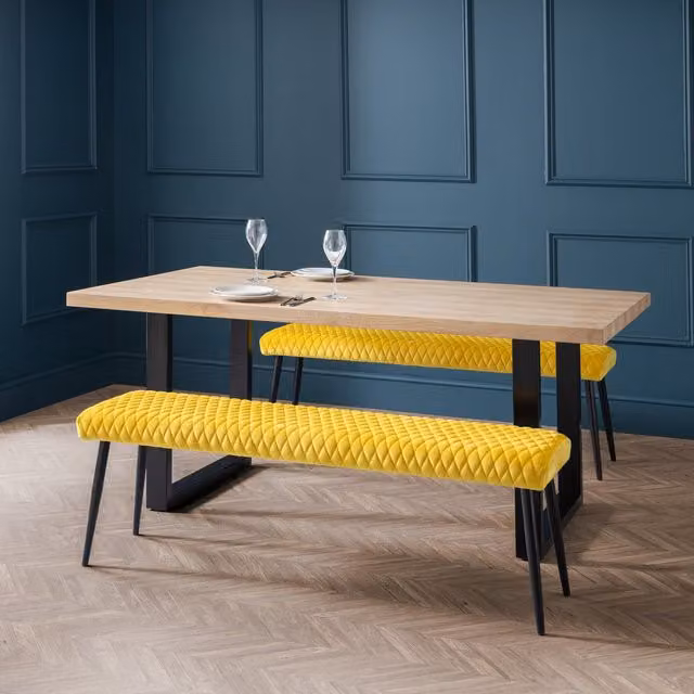 Julian Bowen Berwick Rectangular Dining Table and 2 Luxe Low Benches Set in Yellow and Black Oak