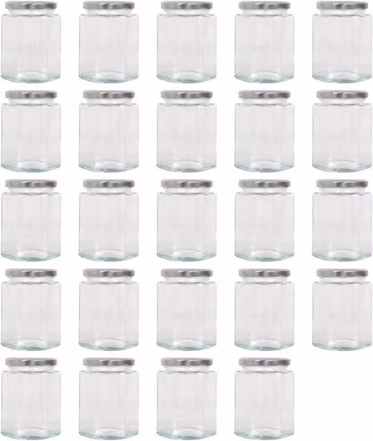 Argon Tableware Hexagonal Glass Jam Jars with Leakproof Silver Metal Screw-Top Lids, 250ml, Pack of 24
