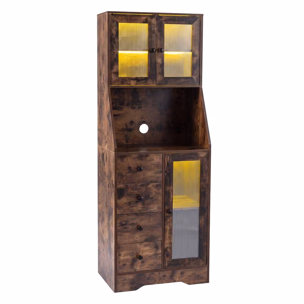 Gymax Freestanding Kitchen Pantry and Coffee Bar Cabinet with Integrated LED Lights in Brown – 10