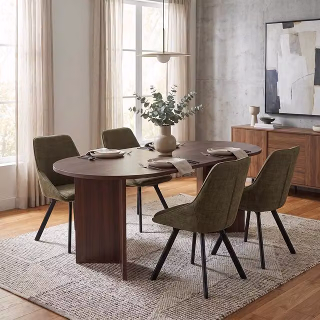 FWStyle 5 Piece Dining Set with Walnut Rectangular Table and 4 Green Swivel Chairs in Brown – 1