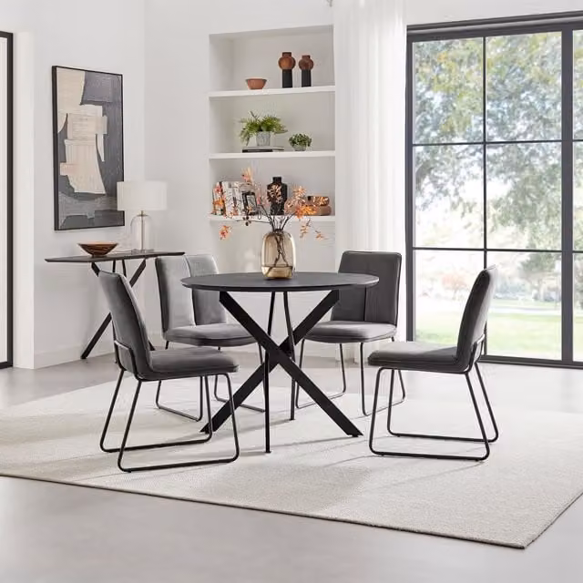 FurnitureboxUK Novara Round Dining Table with 4 Halley Chairs, Black Top and Dark Grey Upholstery, Diameter: 100 cm – 1