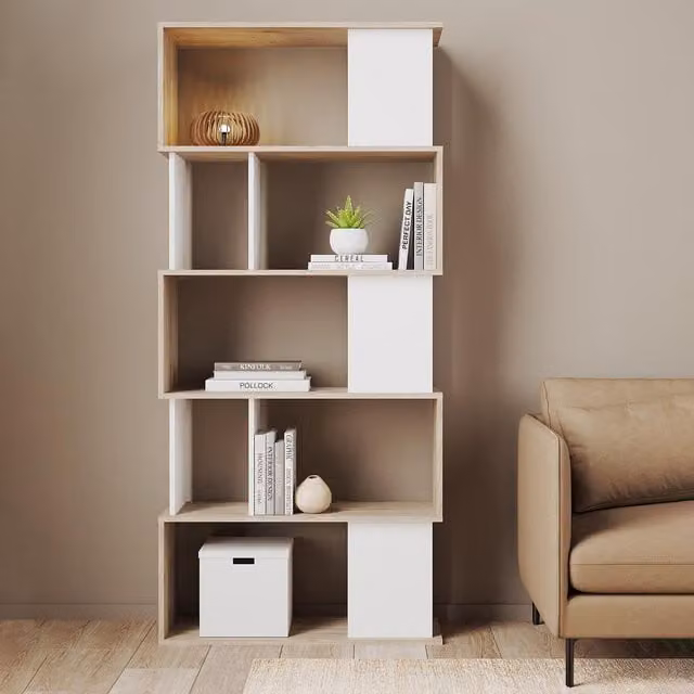 Furniture To Go Maze Mid-Century Open Bookcase in White and Oak