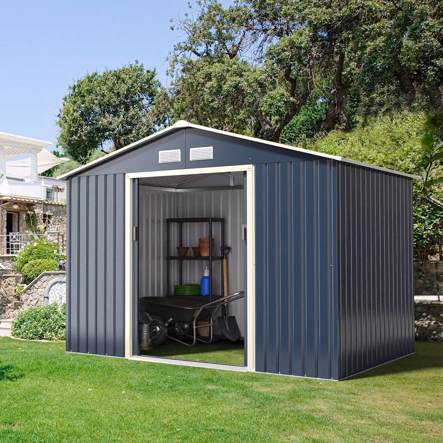 Costway Grey Metal Outdoor Storage Shed with Double Sliding Doors and Side Vents – 5