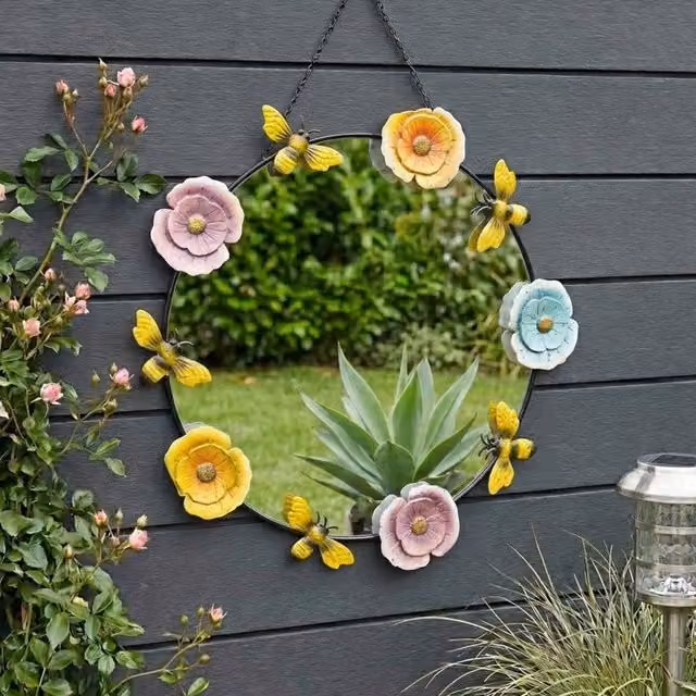 Garden Greatness Hanging Floral Bumble Bee Metal Garden Mirror in Black, W/D/H: 40 x 40 x 40 cm