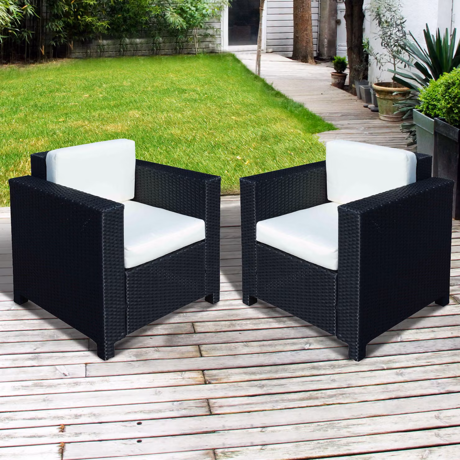 Outsunny Set of 2 Black Rattan Single Armchairs with Metal Frame – 4