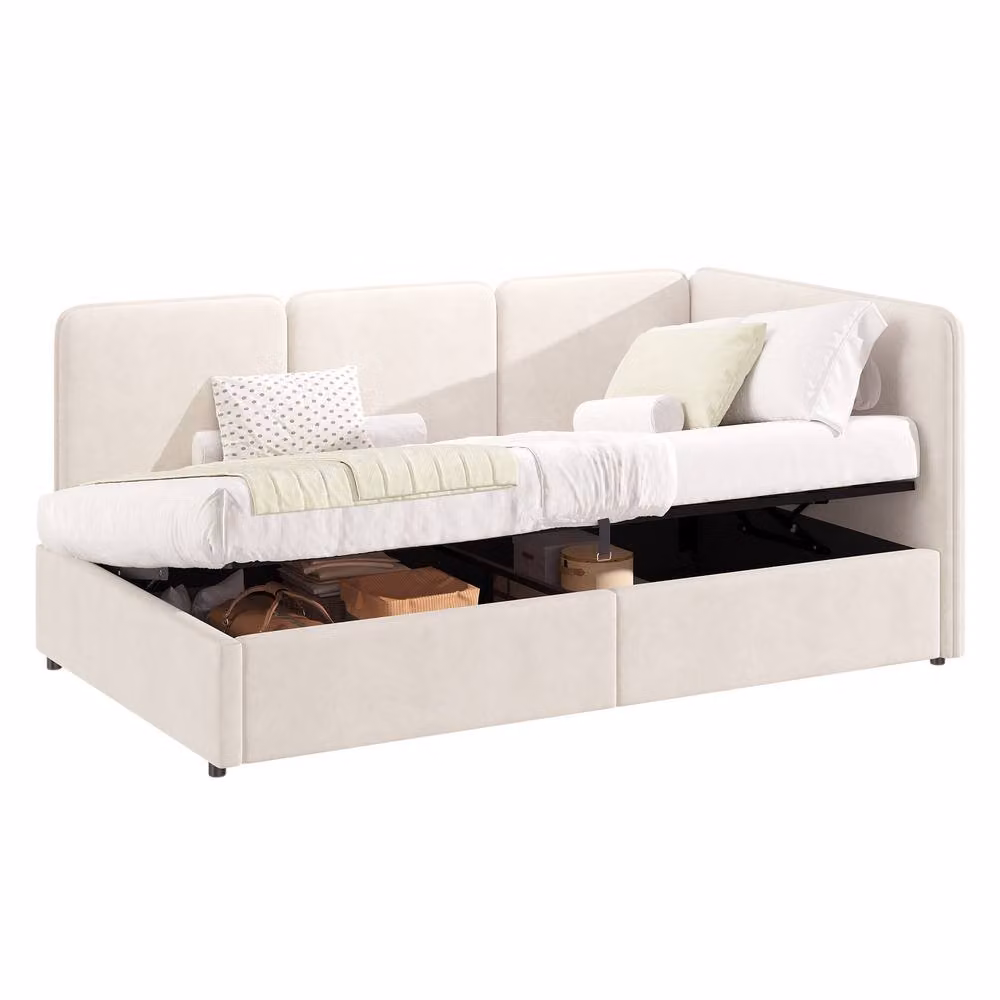 Matteo Single Upholstered Velvet Ottoman Daybed with Asymmetric Chaise and Lift Up Base, Beige, 90 x 200 cm – 2
