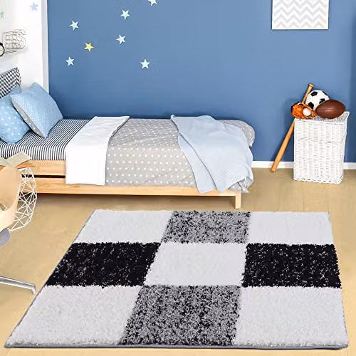 THE RUGS Modern Grey Checked Square Shaggy Area Rug, W/D: 120 x 120 cm – 1