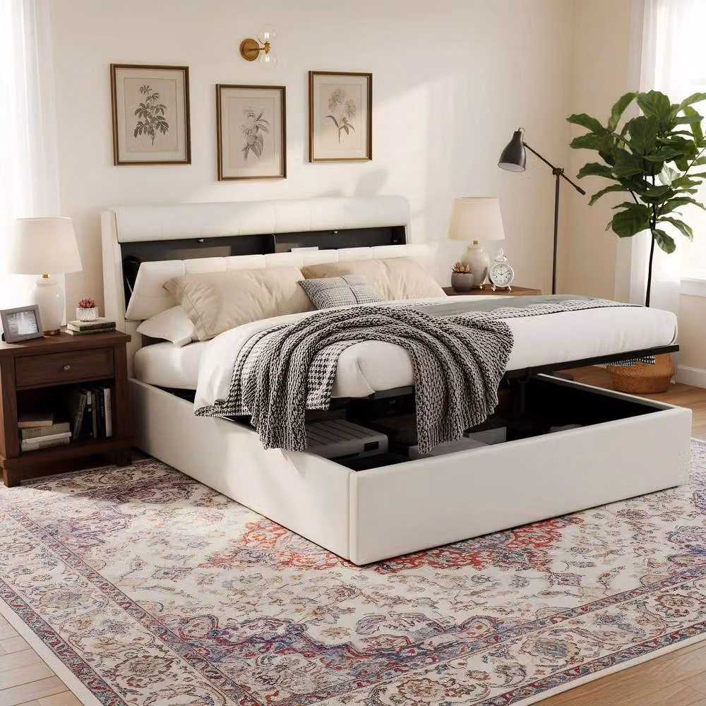 ModernLuxe Upholstered Double Bed with Hydraulic Lift-Up Storage and Headboard in White Synthetic Leather, W/D/H: 140 x 200 x 150 cm – 2