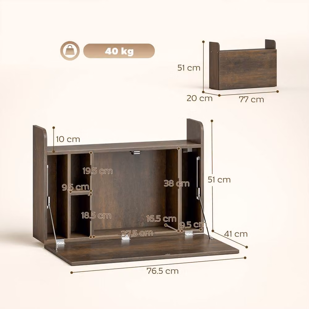 Rolipo Brown Wall-Mounted Drop Leaf Desk with Storage Compartments – 5