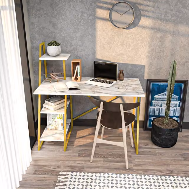 Decorotika Admira Modern Computer Desk with Metal Legs in Beige, White and Gold, W: 120 cm, H: 75 cm, D: 60 cm – 2