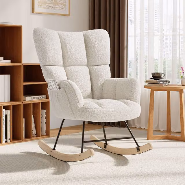 Komore White Bouclé Upholstered Modern High-Back Rocking Chair with Armrests